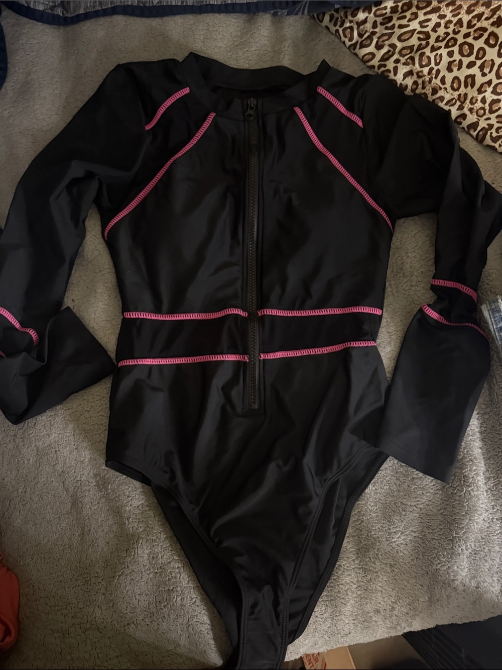 Billabong Black Long-Sleeve One-Piece Swimsuit with Pink Stitching